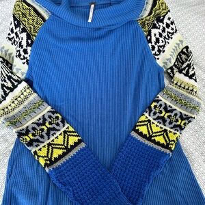 Free People Blue Knit Henley Sweater with Patterned Sleeves